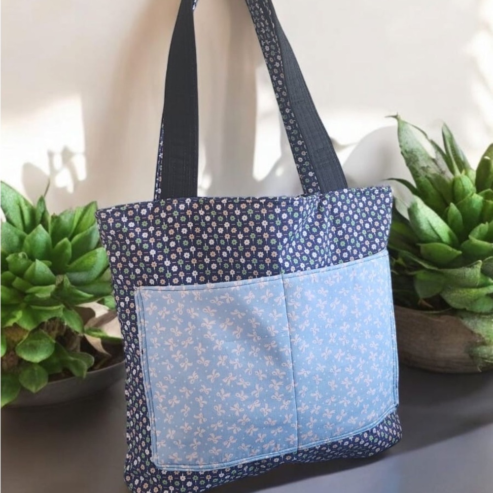 Floral Blue and Black Tote Bag